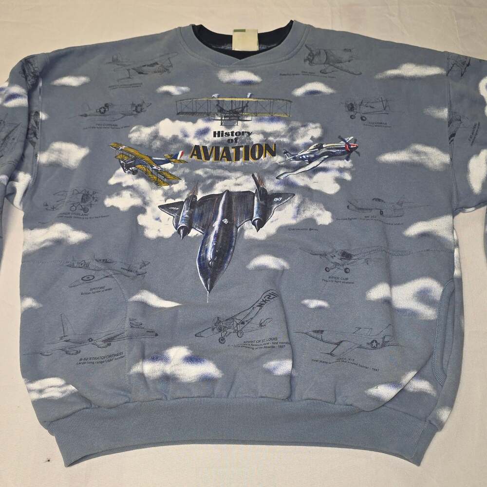 Vintage 90s Art Unlimited History Of Aviation All Over Print Sweatshirt With Poc